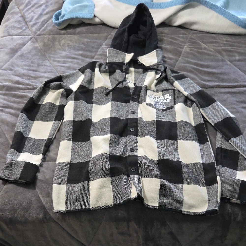 Star Wars Mens Plaid Button Down Shirt - Black and White